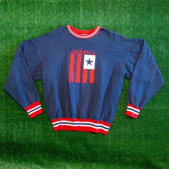 VINTAGE LEGENDS ATHLETIC MENS SWEATER AMERICA SPELL OUT RED WHITE BLUE FLAG SZ L - Picture 4 of 6